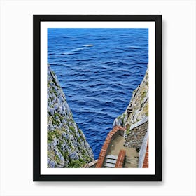 Boat on the Sea near Capo Caccia Sardinia. This image shows a view from the top of a steep, winding staircase descending between two rugged limestone cliffs toward the blue Mediterranean Sea. A small boat cruises along the calm waters in the distance, adding a sense of scale to the vastness of the sea. This scene captures the dramatic coastal landscape of Capo Caccia in Sardinia, Italy. Art Print