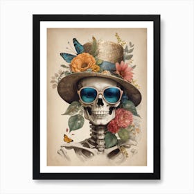 Vintage Floral Skeleton With Hat And Sunglasses (39) Art Print