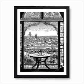 A Window View Of Marrakech In The Style Of Black And White  Line Art 2 Art Print