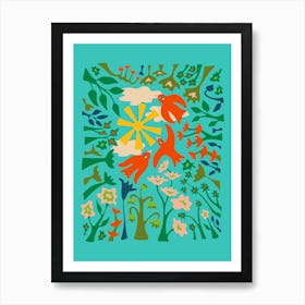 DAYDREAM IN THE GARDEN Happy Birds Flying in the Sky Above Colourful Flowers with Sun and Clouds Art Print