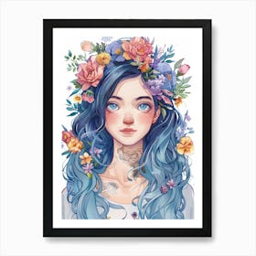 Blue Haired Girl With Flowers 1 Art Print