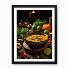 Autumn Pumpkin Curry Soup Steaming In A Rustic Ceramic Bowl Surrounded By An Array Of Vividly Spice (3) Art Print