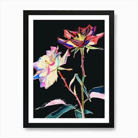 Neon Flowers On Black Rose 3 Art Print