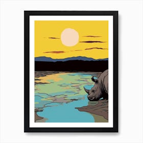 Rhino Drinking Water From The Lake In The Sun Art Print