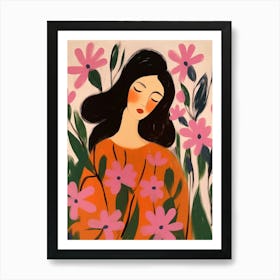 Woman With Autumnal Flowers Fuchsia 2 Art Print