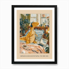 Dinosaur Listening To Music With Headphones In Bed 1 Poster Art Print