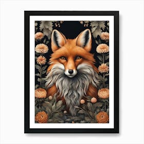 Fox And Chrysanthemums Art Print