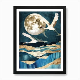 Cranes Flying Gold Blue Effect Collage 1 Art Print