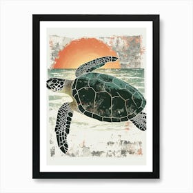 Vintage Sea Turtle At Sunset Painting 1 Art Print