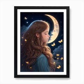 Girl With Moon And Butterflies Art Print