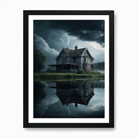 Old House Mirrored On A Serene Lake Brooding Clouds Overhead Casting Reflections Moody Atmosphere Art Print