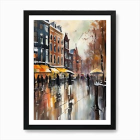 Amsterdam cafes, winter season, winter oil colors, pedestrians in the street, winter clothes, rain falling, Amsterdam print, Netherlands print, travel gift, Netherlands poster.30 1 Poster