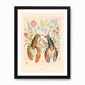 Folksy Floral Animal Drawing Lobster Poster Art Print