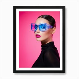 Portrait Of A Model With Blue Eyes Donning Pink Glasses And Pink Lips Set Against A Pink Background Art Print