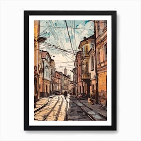 Painting Of Moscow Russia With A Cat In The Style Of Line Art 4 Art Print