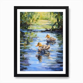 Ducklings Swimming In The River Impressionism 3 Art Print