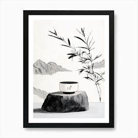 Asian Landscape Black Minimal Ink Art Print