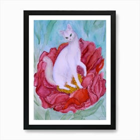 Cats Have Fun The White Turkish Angora Cat On A Red Peony Flower Art Print