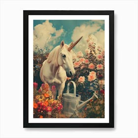 Unicorn In A Garden With A Watering Can Retro Collage Art Print