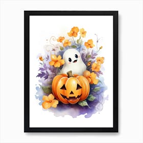 Cute Ghost With Pumpkins Halloween Watercolour 143 Art Print