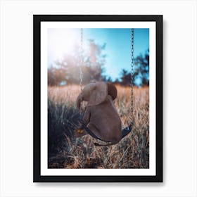 Baby Elephant Sitting On Swing In Garden Art Print