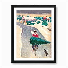 Woman With A Christmas Tree On Her Bike Riding Through The Snowy Village Road Art Print