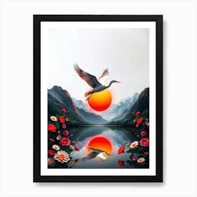 Stork In Flight Over Lake Art Print
