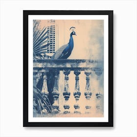 Cyanotype Inspired Peacock Resting On A Handrail 2 Art Print