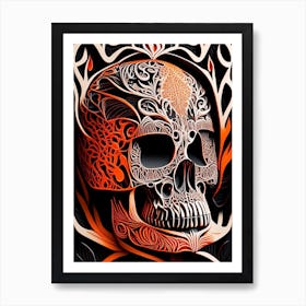 Skull With Intricate Linework 3 Orange Linocut Art Print