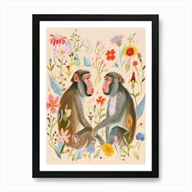 Folksy Floral Animal Drawing Baboon Art Print