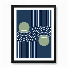 Mid Century Modern Geometric In Navy Blue And Sage Green (Rainbow And Sun Abstract) 01 Art Print