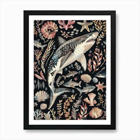 Largetooth Cookiecutter Shark Seascape Black Background Illustration 4 Art Print