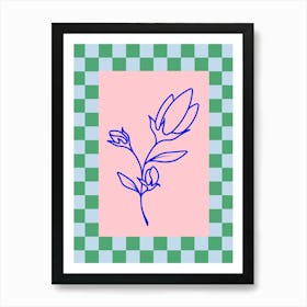 Modern Checkered Flower Poster Blue & Pink 17 Art Print