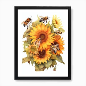 Sunflower Bee Beehive Watercolour Illustration 4 Art Print