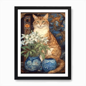 Delphinium With A Cat 3 Art Nouveau Style Art Print