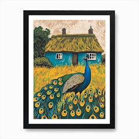 Blue Mustard Peacock By A Cottage Linocut Inspired 1 Art Print