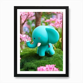 A Little Turquoise Elephant Floats Through A Forest Filled With Pink Flowers Its Round Body Whimsic Art Print