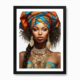 Beautiful And Sexy Black Woman Wearing Blue and Orange, with Gold Accessories in Portrait Pose Illustration 7 Art Print