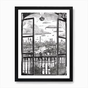 A Window View Of London In The Style Of Black And White  Line Art 2 Art Print