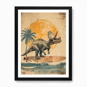 Vintage Triceratops Dinosaur On A Surf Board 1 Art Print