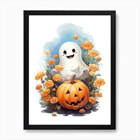 Cute Ghost With Pumpkins Halloween Watercolour 141 Art Print