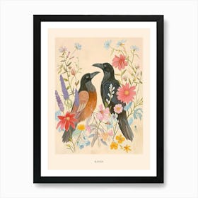 Folksy Floral Animal Drawing Raven 4 Poster Art Print