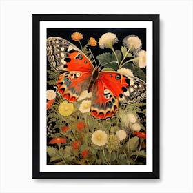 Japanese Style Painting Of A Butterfly With Flowers 2 Art Print