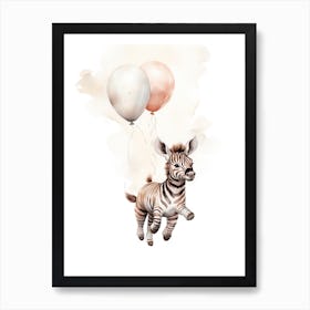 Baby Zebra Flying With Ballons, Watercolour Nursery Art 3 Art Print