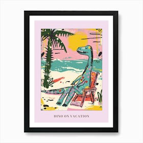 Dinosaur Relaxing On The Beach Pink Blue Pastel Poster Art Print