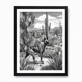 Drawing Of A Dog In Desert Botanical Garden, Usa In The Style Of Black And White Colouring Pages Line Art 01 Art Print