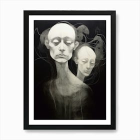 Swirl Line Drawing Of Two Faces Black & White 1 Art Print