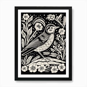 B&W Bird Linocut Lark 1 Art Print