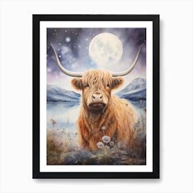 Watercolour Of Highland Cow In The Lake At Night Art Print
