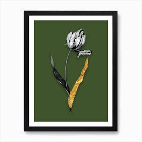 Vintage Didiers Tulip Black and White Gold Leaf Floral Art on Olive Green n.0467 Art Print